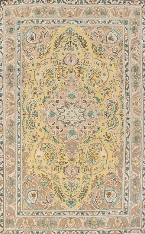 Vintage Yellow Tabriz Persian Area Rug 7x11