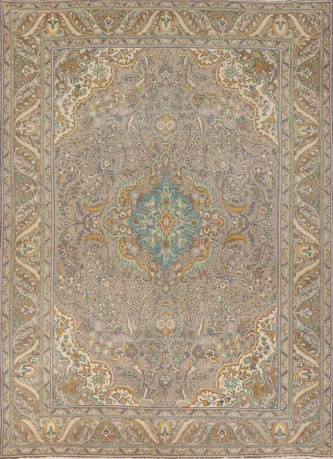 Floral Brown Wool Tabriz Persian Area Rug 10x12