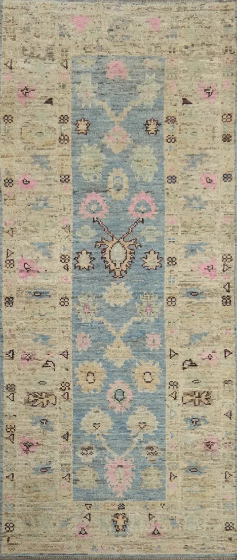 Light Blue Oushak Vegetable Dye Runner Rug 3x9