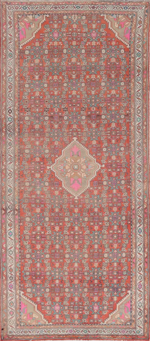 Vintage Geometric Hamedan Persian Runner Rug 4x10