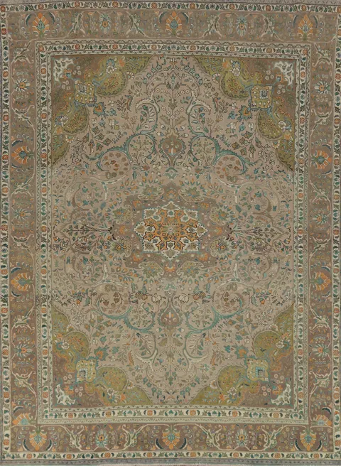Floral Brown Wool Tabriz Persian Area Rug 10x13