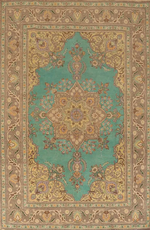Turquoise Green Wool Tabriz Persian Area Rug 7x10