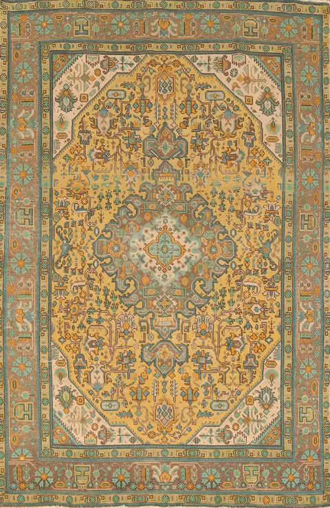Vintage Yellow Wool Tabriz Persian Area Rug 6x9