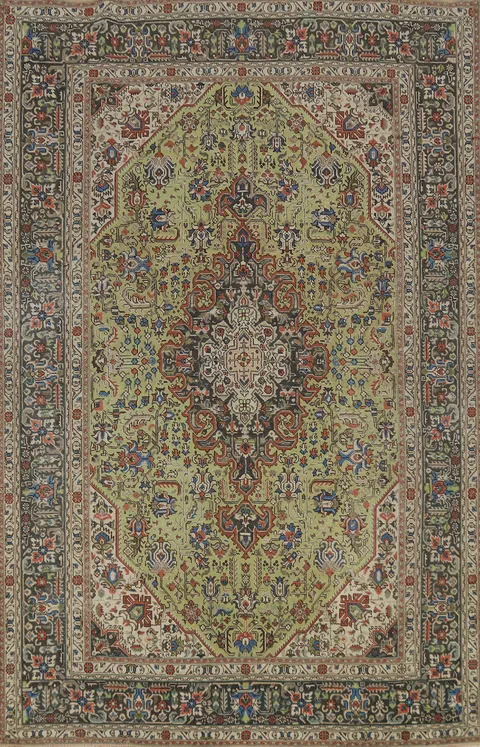 Light Green Medallion Tabriz Persian Area Rug 7x10