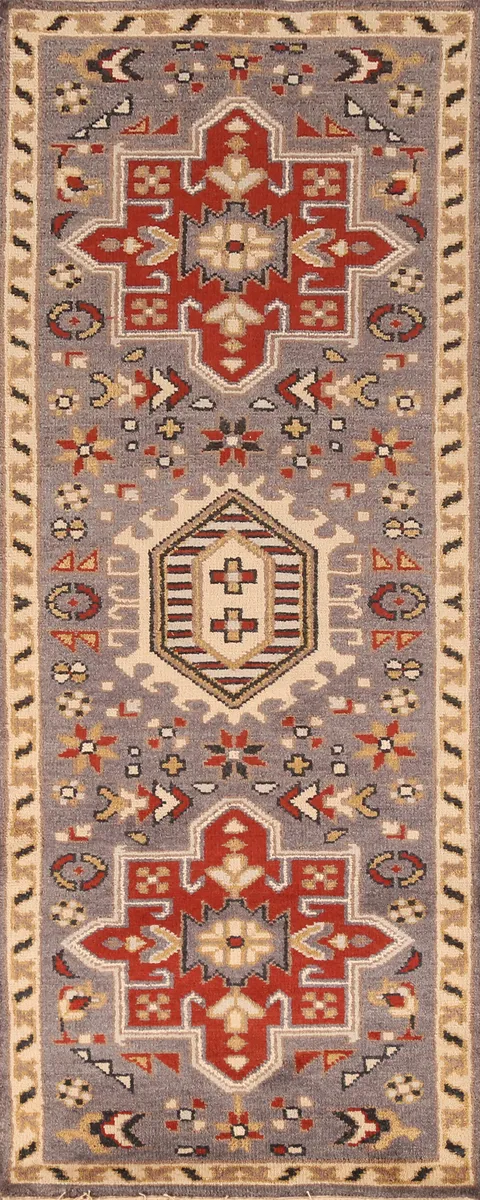 Geometric Wool Heriz Serapi Indian Runner Rug 3x8