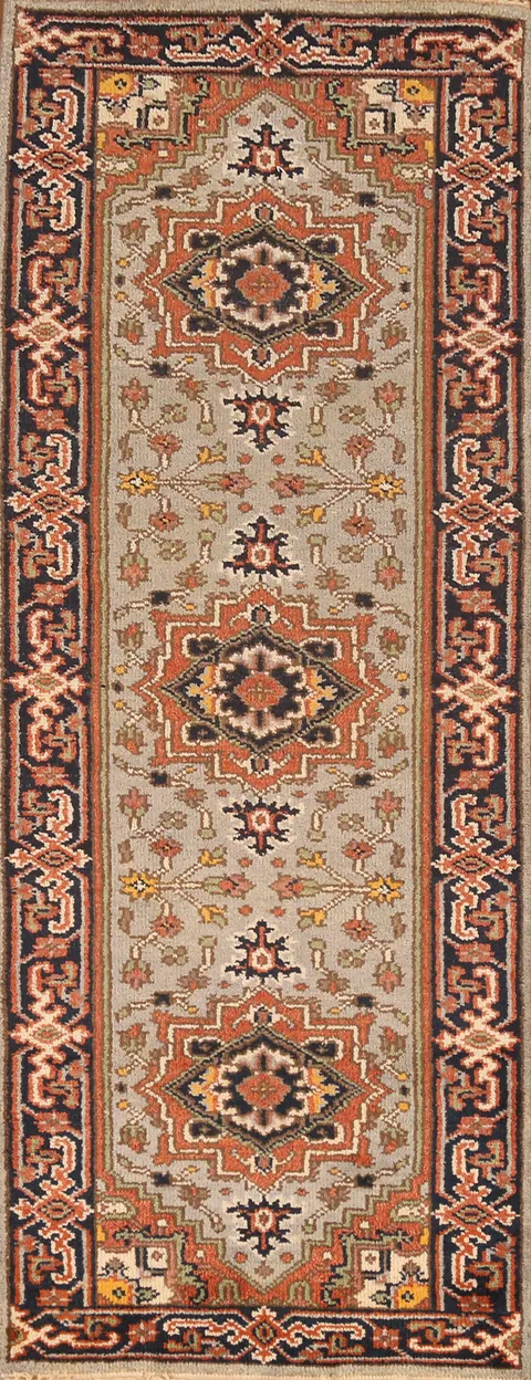 Geometric Wool Heriz Serapi Indian Runner Rug 3x8