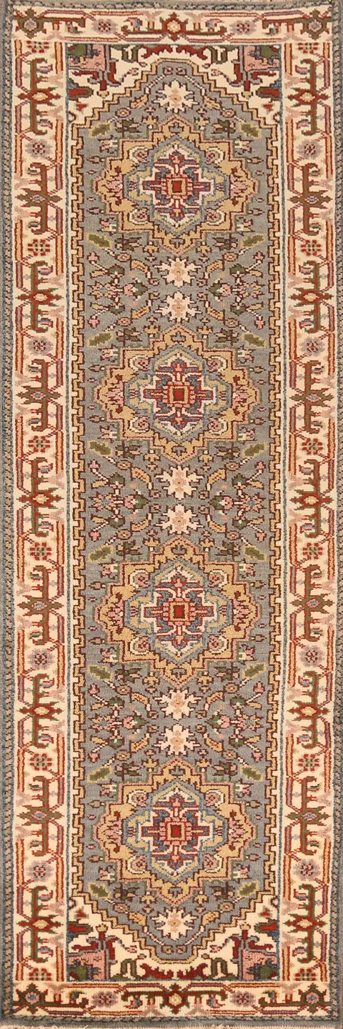 Gray Wool Heriz Serapi Indian Runner Rug 3x10