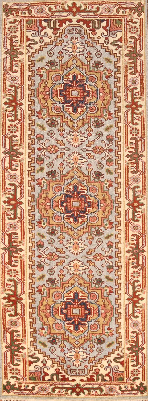 Geometric Wool Heriz Serapi Indian Runner Rug 3x8