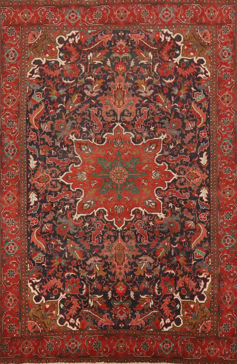 Navy Blue Floral Heriz Persian Area Rug 7x10
