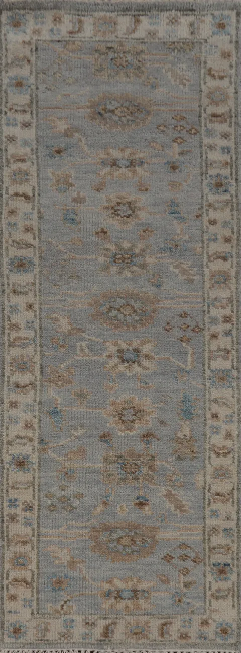 Silver Gray Floral Oushak Indian Runner Rug 3x8