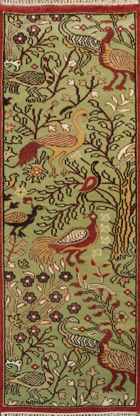 Forest-Inspired Green Runner with Diverse Animal Patterns 3'x8'