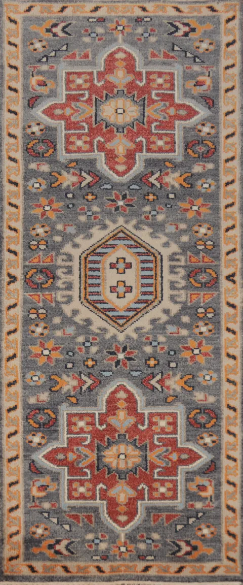 Gray Wool Heriz Serapi Indian Runner Rug 3x8