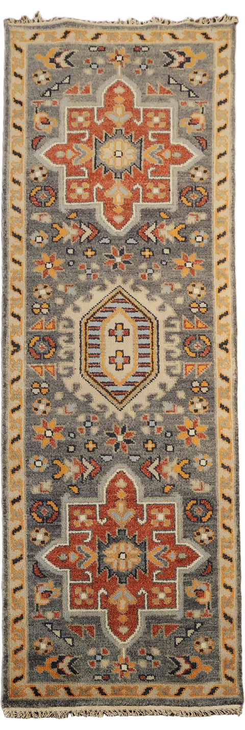 Gray Wool Heriz Serapi Indian Runner Rug 3x8