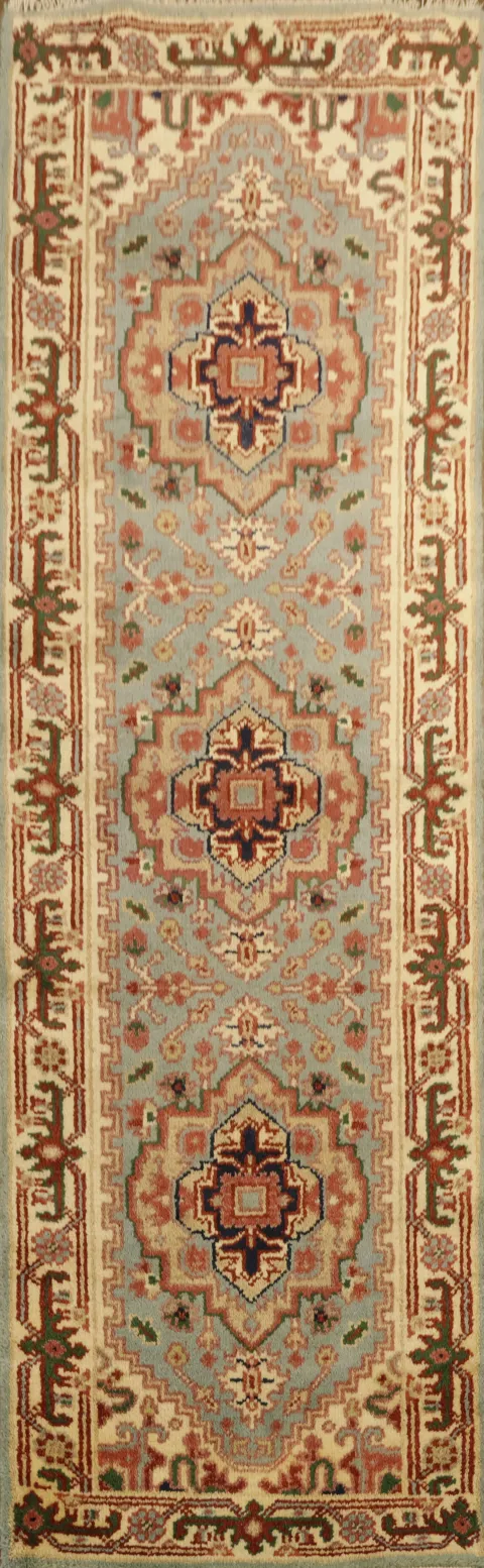 Light Blue Heriz Serapi Indian Runner Rug 3x8