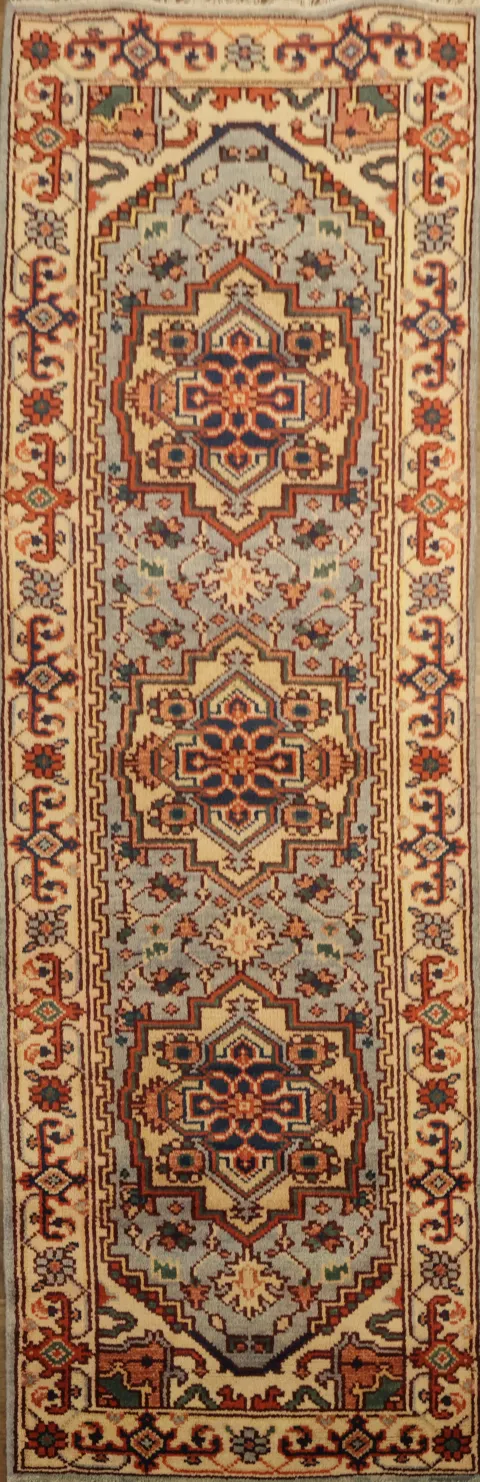 Light Blue Heriz Serapi Indian Runner Rug 3x8