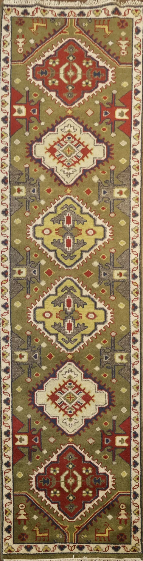 Elegant Olive Green Runner Rug with Geometric Motifs for Hallway Elegance 3'x10'