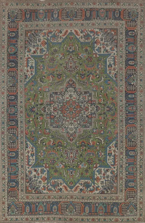 Geometric Green Tabriz Persian Area Rug 7x10