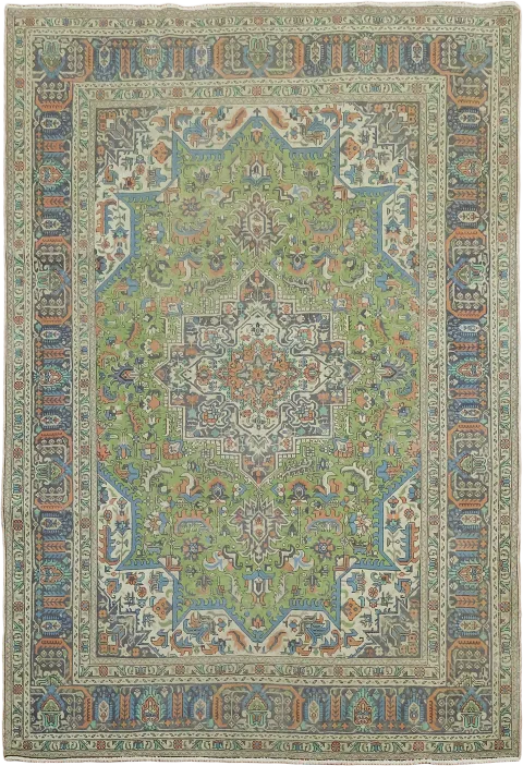 Vintage Green Tabriz Persian Rug Design with Stunning Colorful Border Details 7x10