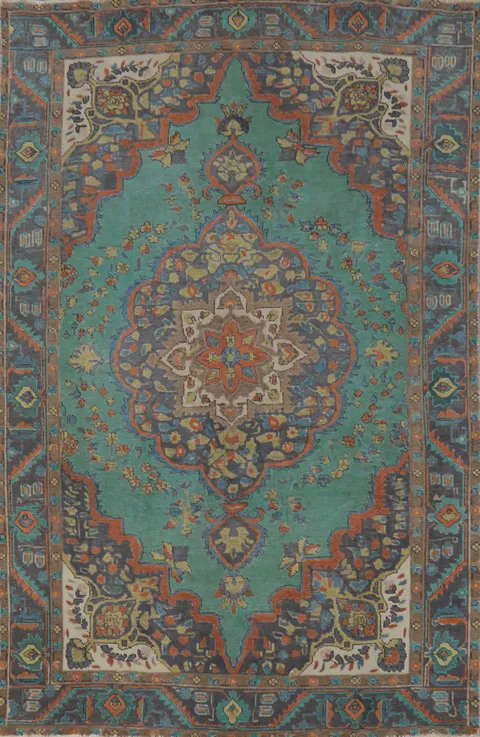 Turquoise Green Wool Tabriz Persian Area Rug 6x9