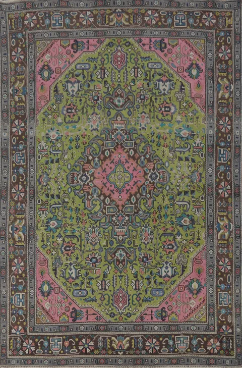 Green Geometric Wool Tabriz Persian Area Rug 6x9