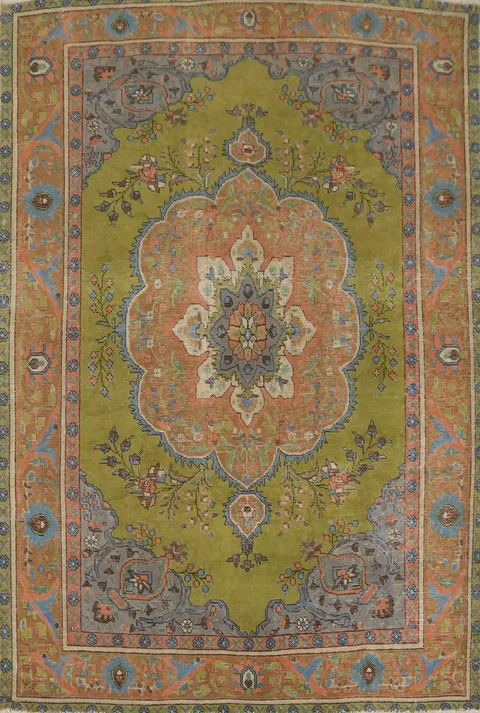 Vintage Green Tabriz Persian Area Rug 7x9