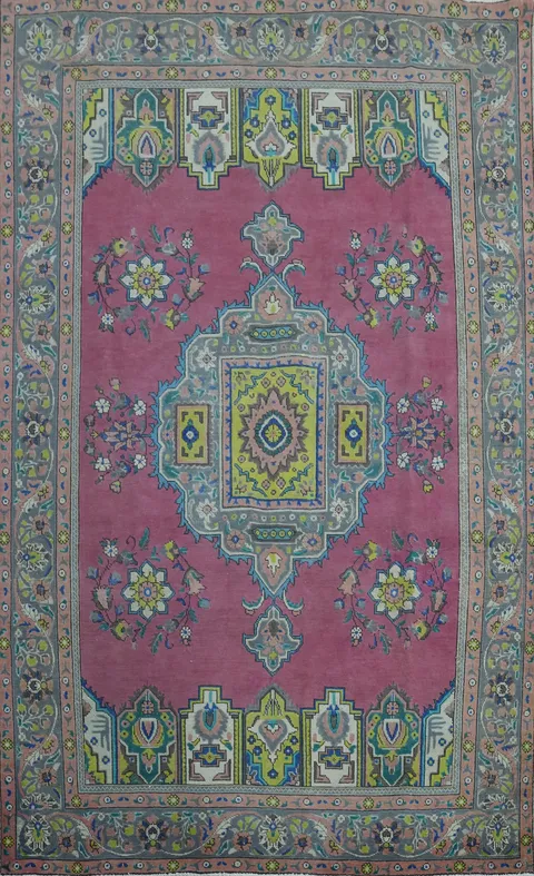 Pink Geometric Wool Tabriz Persian Area Rug 7x10