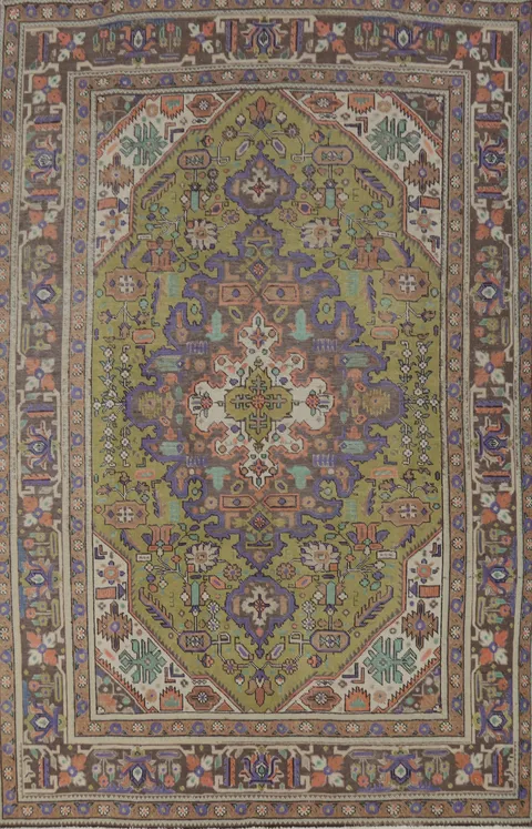 Light Green Geometric Tabriz Persian Area Rug 7x9