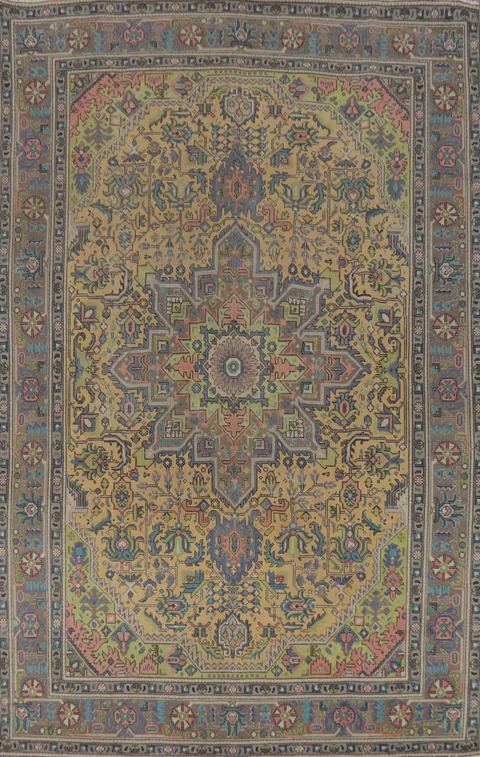 Vintage Wool Yellow Tabriz Persian Area Rug 6x9