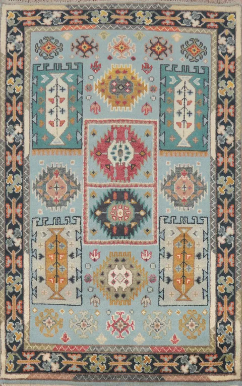 Light Blue Geometric Kazak Indian Rug 4x6