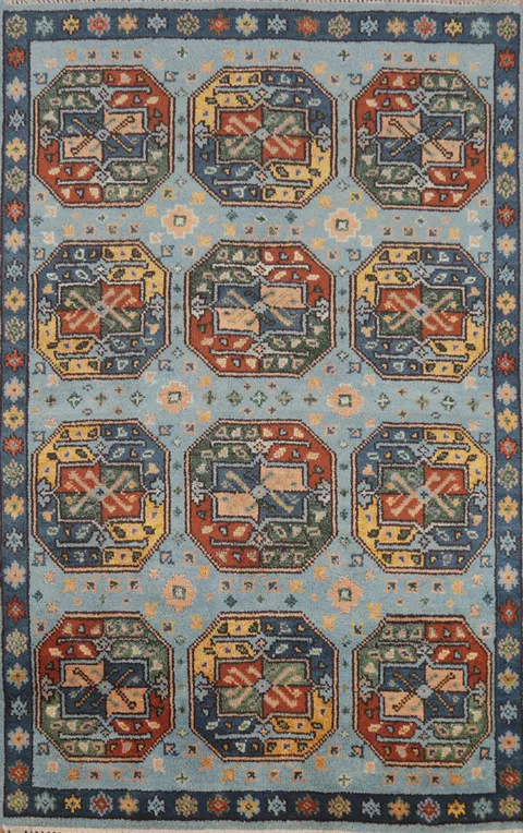 All-Over Blue Geometric Kazak Indian Rug 4x6