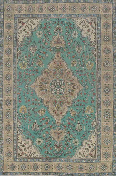 Aqua Green Floral Wool Tabriz Persian Area Rug 6x9