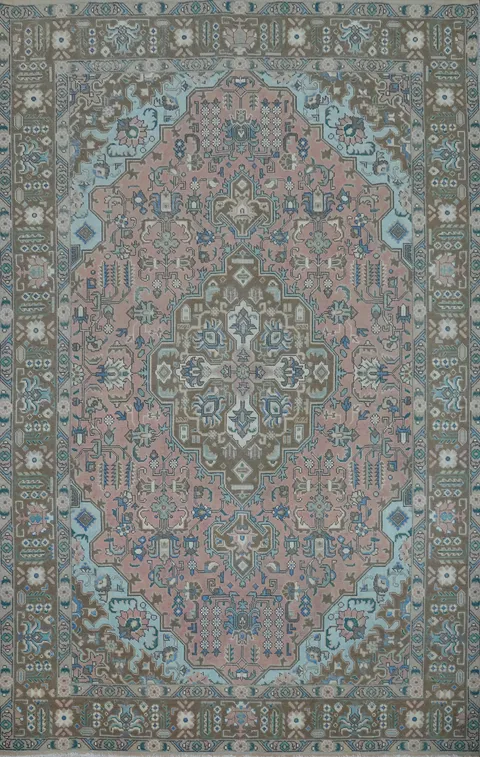 Pink Geometric Wool Tabriz Persian Area Rug 7x10