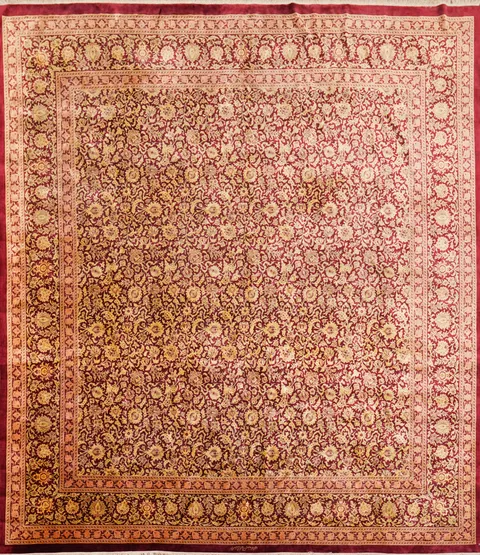 100% Silk Red Floral Qum Persian Square Rug 8x8