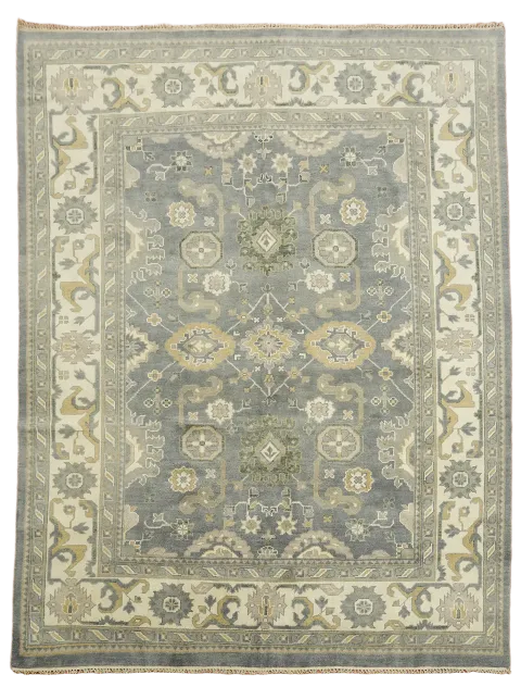 Traditional Grey and Beige Floral Oushak Living Room Rug 9'x12'