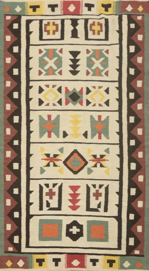 Fat Weave Wool Geometric Kilim Oriental Rug 4x7
