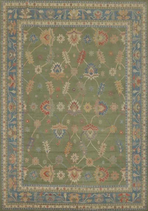 Green Floral Wool Oushak Turkish Large Rug 12x15