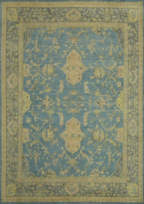 Handmade Blue Oushak Vegetable Dye Large Rug 12x15
