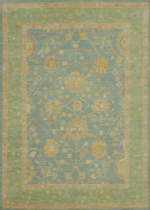 Vegetable Dye Blue Floral Oushak Turkish Area Rug 9x12