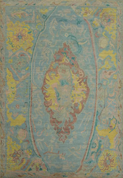 Handmade Blue Oushak Vegetable Dye Large Rug 10x14