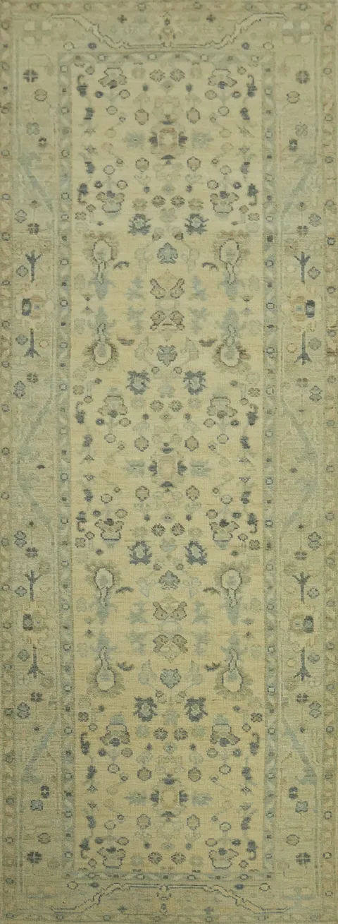 Vegetable Dye Floral Oushak Turkish Runner Rug 3x10