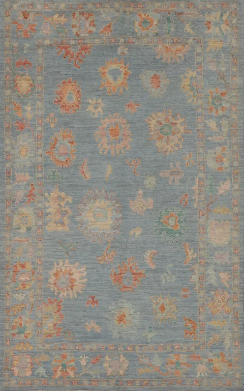Vegetable Dye Blue Floral Oushak Turkish Area Rug 5x8