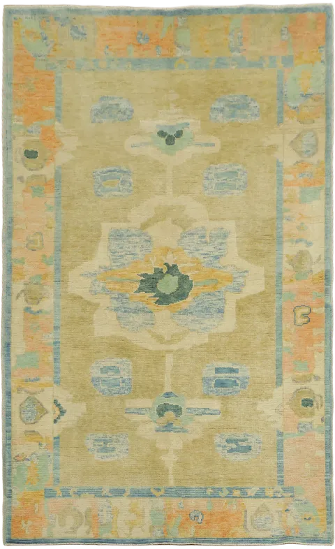 Oushak Vegetable Dye Rug 4x7 with a Harmony of Subtle and Vibrant Tones