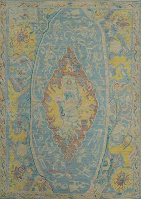 Handmade Blue Floral Oushak Vegetable Dye Area Rug 8x10