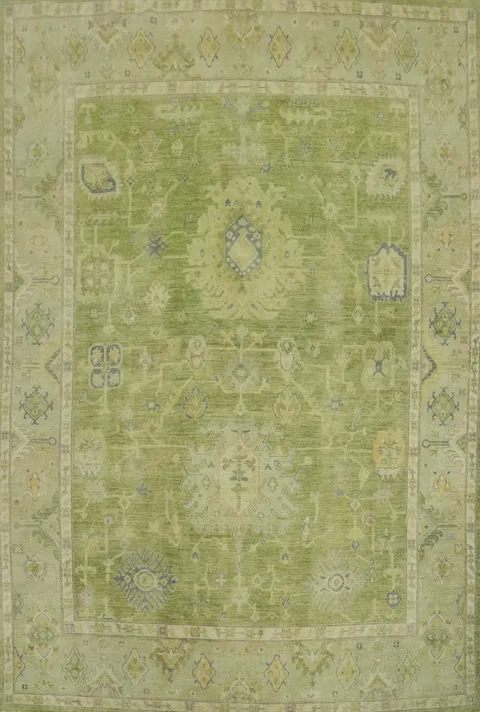 Luxurious Green and Beige Oushak Turkish Living Room Wool Rug 8' x 10'