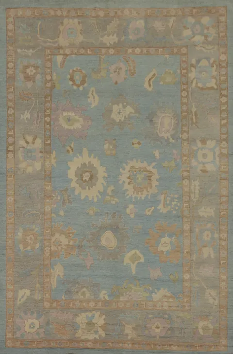 Handmade Blue Oushak Vegetable Dye Large Rug 10x14