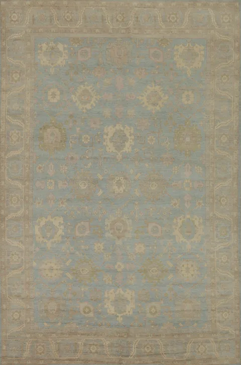Floral Blue Oushak Vegetable Dye Large Rug 10x14