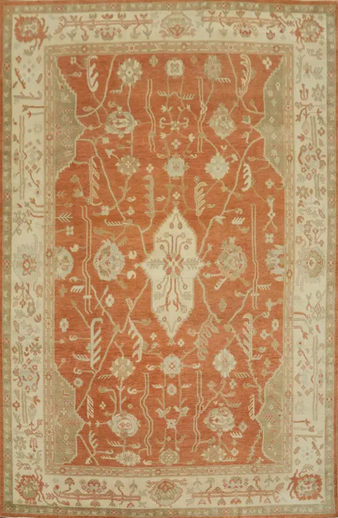 Orange Wool Floral Oushak Vegetable Dye Area Rug 9x12