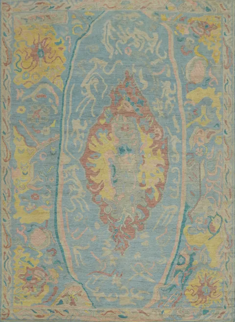 Handmade Blue Oushak Vegetable Dye Large Rug 12x15