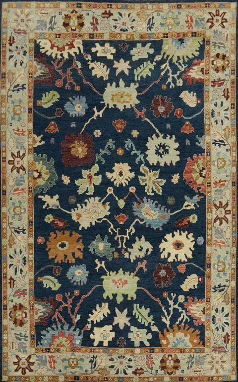 Floral Blue Oushak Vegetable Dye Large Rug 13x20