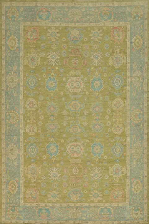 Vegetable Dye Green Oushak Turkish Large Rug 10x14